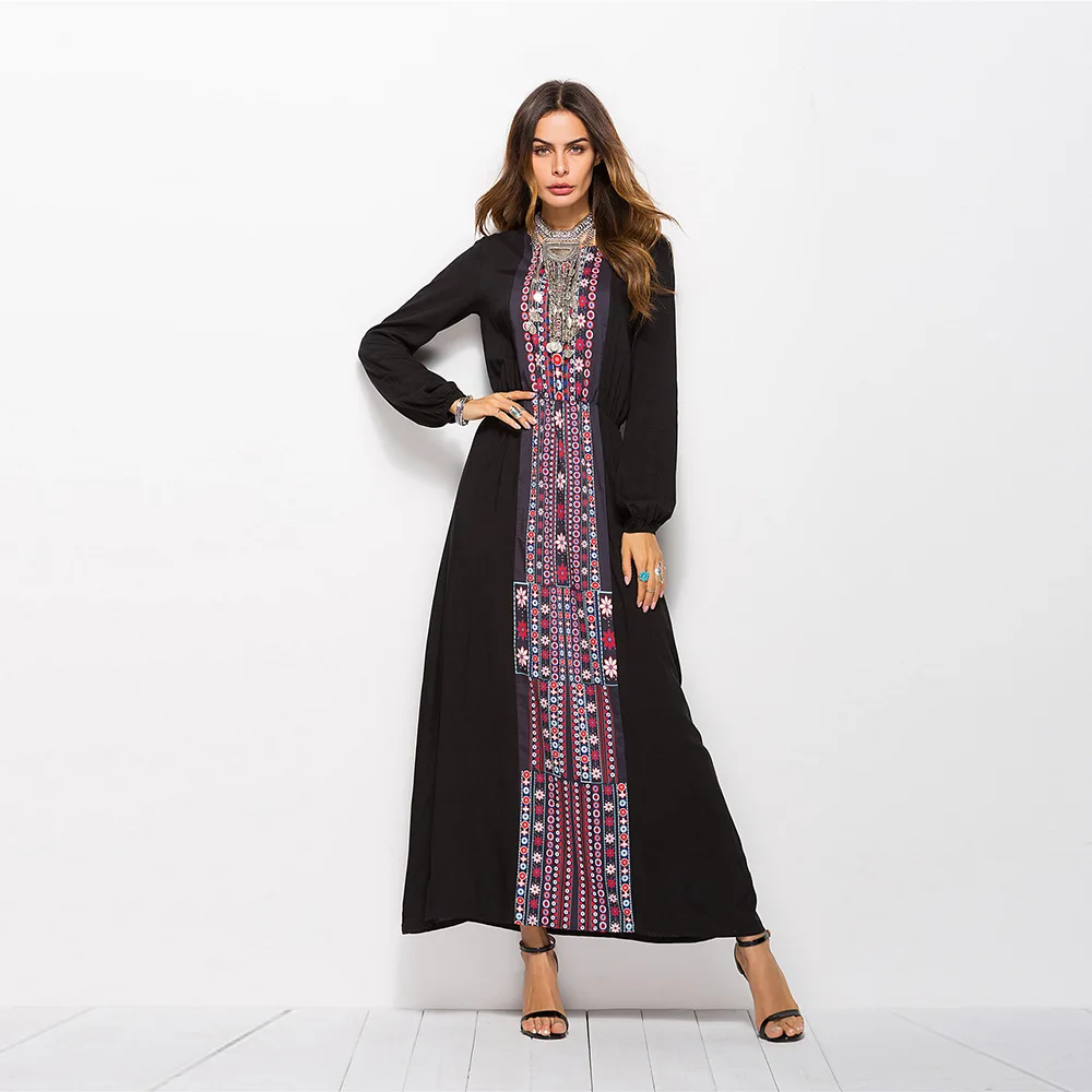 Длинное платье Abaya для женщин длинное с длинным рукавом и этническим принтом