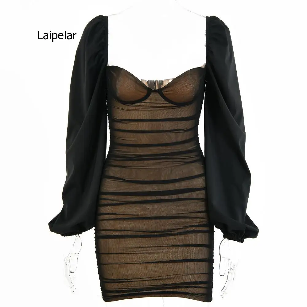 

Woman Dress Sexy Mesh Ruched Bodycon Backless Club Party Dresses Autumn Lantern Sleeve Vestidos Clothing Black