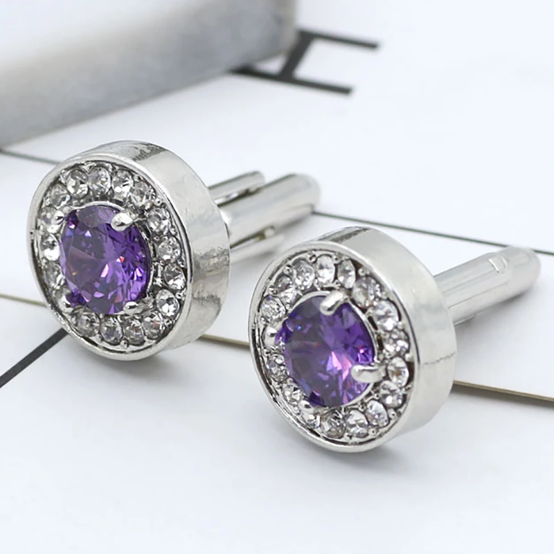 

Delicate Tiny Round Cufflink For Men Boys Purple Crystal Luxury High Quality French Shirts Cuff Links Button Male Jewelry Gifts