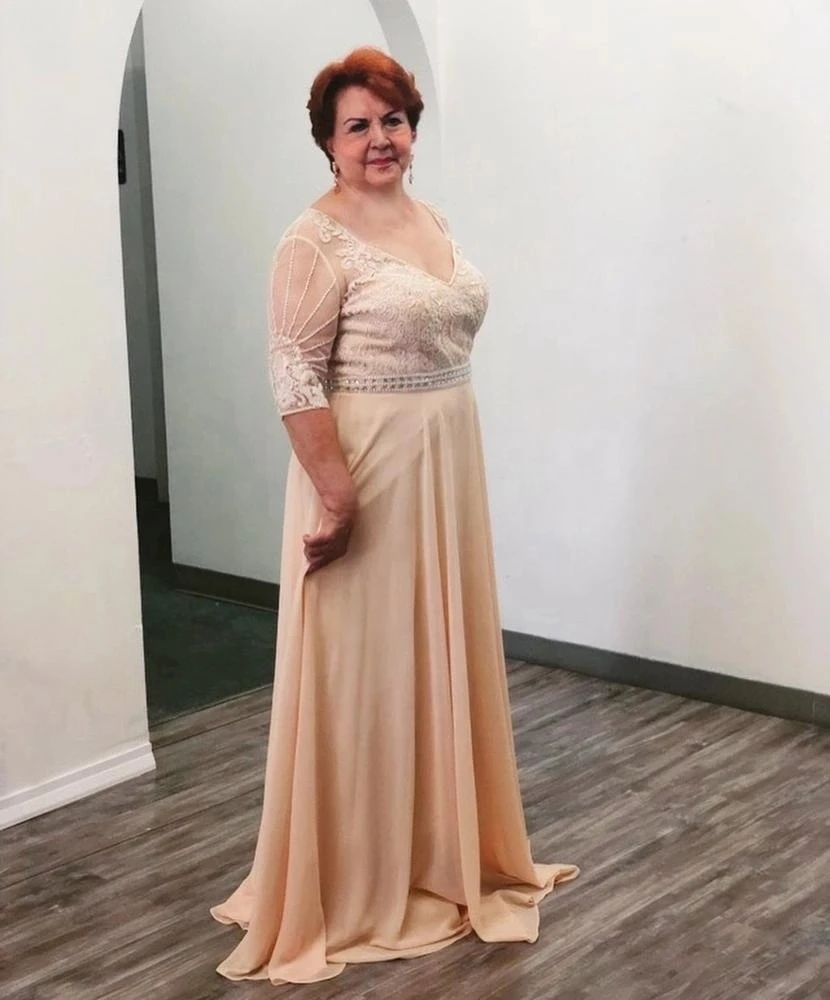 Цвет шампанского размера плюс мать невесты платья Кружева с коротким рукавом