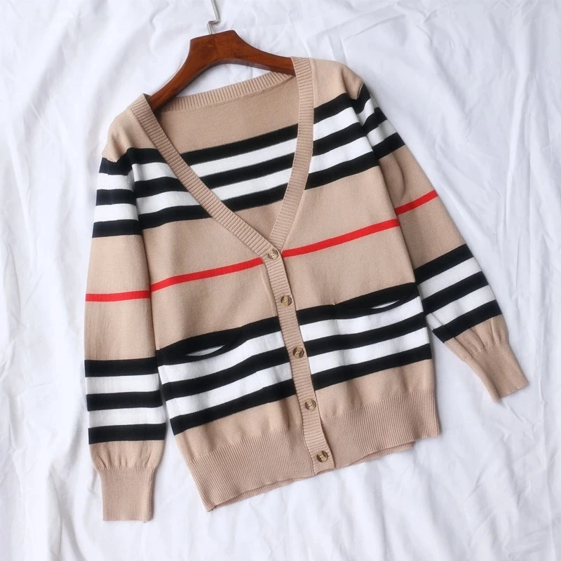 Вязаный кардиган Женская куртка на весну и осень модный полосатый вязаный свитер