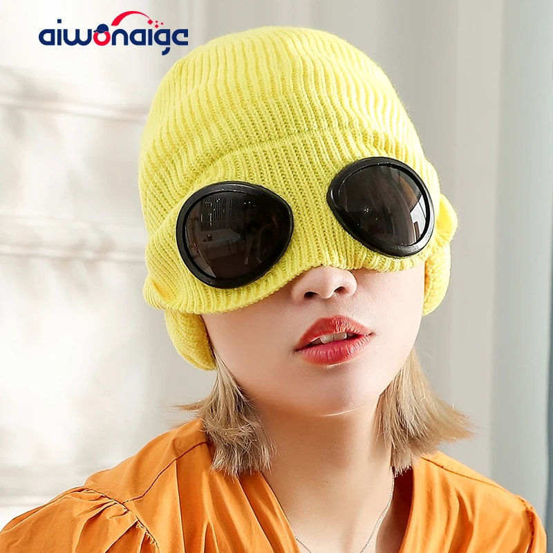 

Winter knit cap wearing glasses hat woman knit cap outdoor warm cotton cap slouchy beanie women Innocent cap fun hats face mask