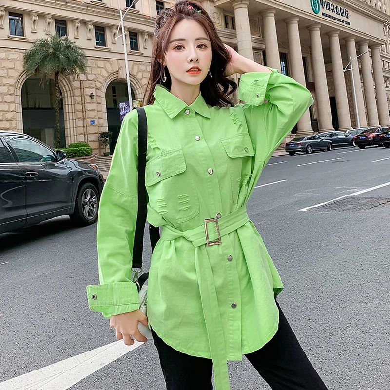 Весенние куртки женские джинсовые 2019 яркие цвета с длинным рукавом средней длины