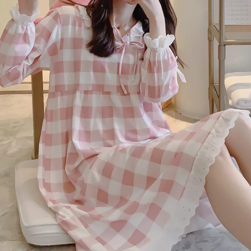 

Nightgowns Women Plaid Princess Sweet O-neck Bow 2XL Korean Style Womens Comfortable Soft High Quality Loose Sleepwear