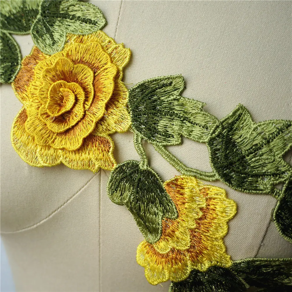 Желтый вышитый 3D цветок листья платье аппликации кружева ткань воротник нашивка