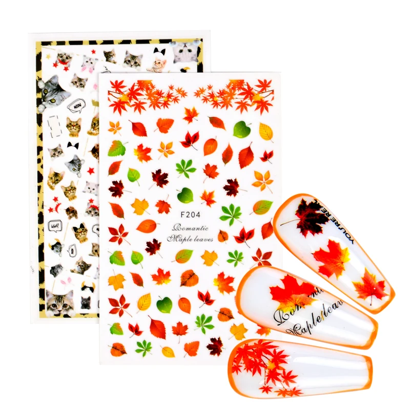3D Слайдер с кленовыми листьями для ногтей наклейки кошек на Рождество Хэллоуин маникюрные Типсы украшения
