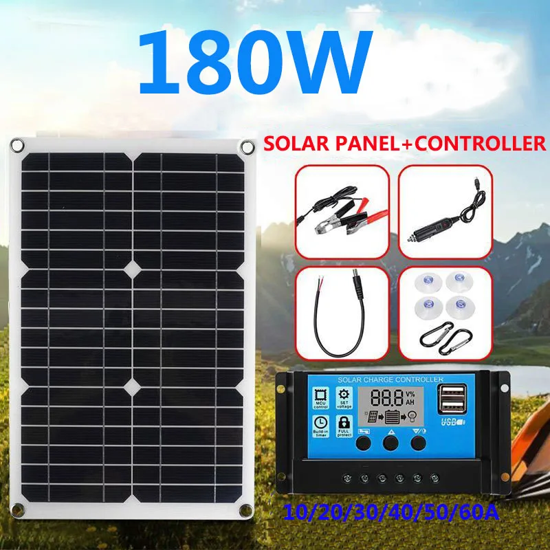 Kit de Panel Solar portátil de 180W, Cargador USB de doble puerto de 18V/5V con controlador de carga Solar de 30A/60A, módulo fuera de la red monocristalino
