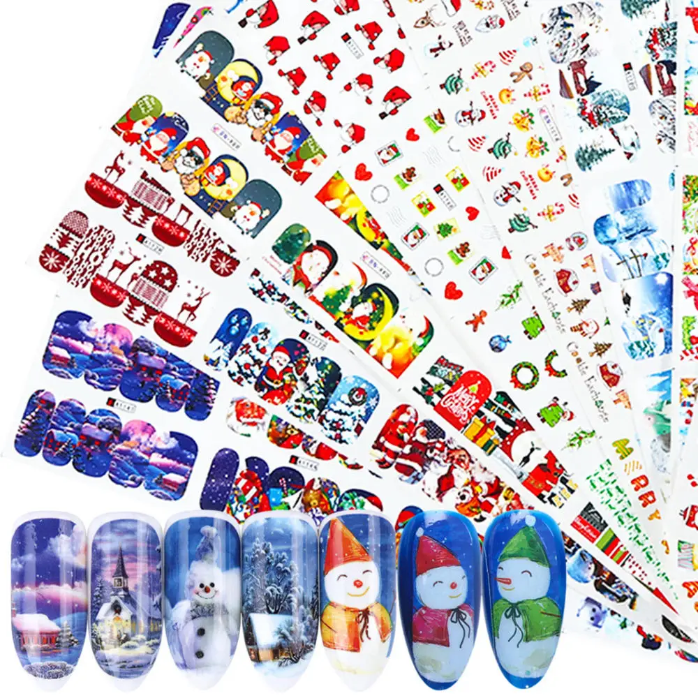 

1 лист рождественских наклеек для ногтей 12 видов конструкций Санта-Клаус, лось, снеговик, подарочные переводные наклейки, полная пленка, рож...