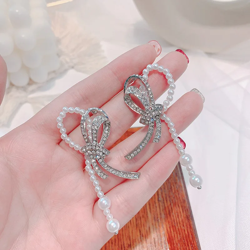 Женские серьги подвески ручной работы с жемчугом и бантом корейские модные