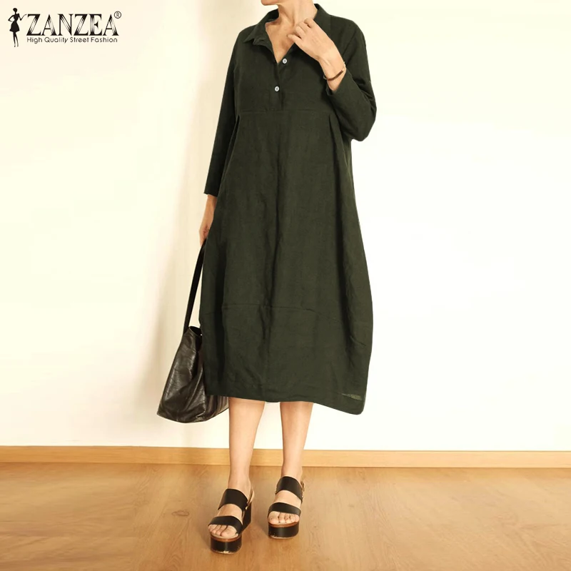 Женское длинное платье рубашка ZANZEA повседневное однотонное Хлопковое с длинными