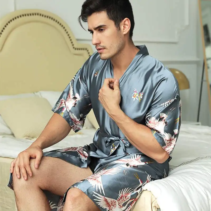 Мужской халат для сна Yukata черный мужчин кимоно ночная рубашка летний из вискозы