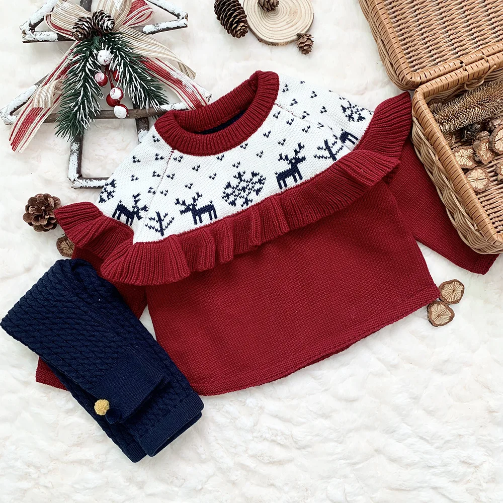 

Рождественские детские свитера, Зимний вязаный свитер для маленьких девочек, пуловер для девочек с оборками в виде оленя, вязаный свитер дл...