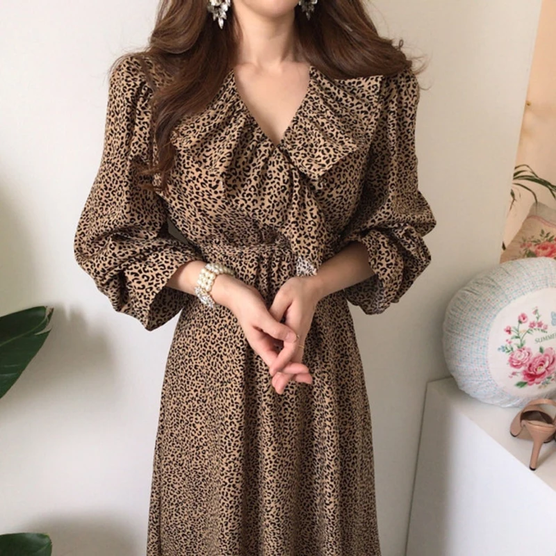 Gaganight леопардовое женское платье с оборками длинным рукавом и V-образным вырезом