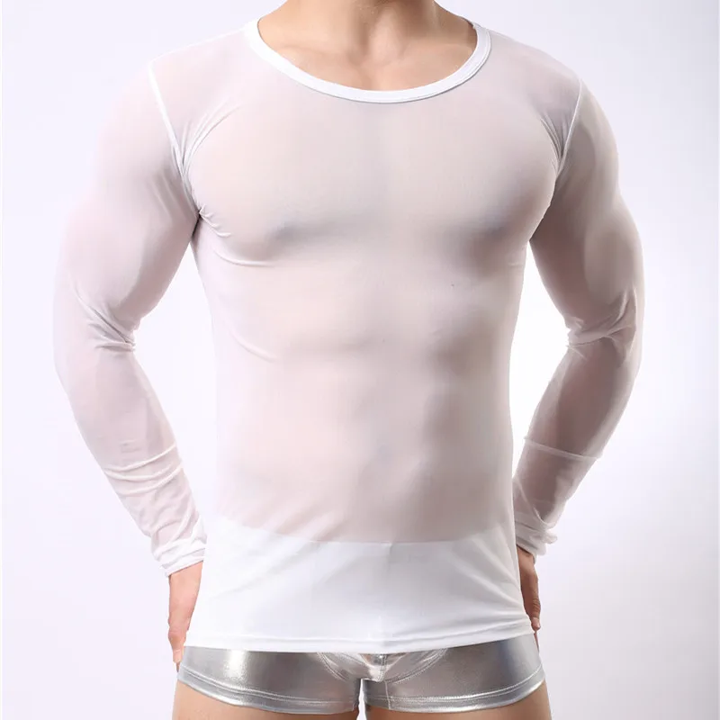 Mens Undershirts Mesh Underwear T-shirts Transparent Male Long Sleeve T-thirts Tops Slim Fitness Gym Bodybuilding Homewear
