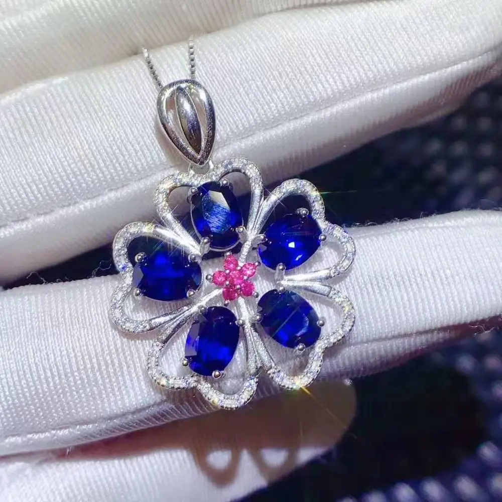 

Natural Sapphire 5 Gemstone Flower Pattern Pendant Necklace S925 Hot Sale Fine Fashion Wedding Jewelry for Women New