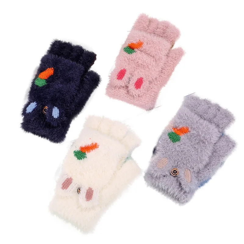 

Sparsil Woman Cartoon Half Finger Gloves with Flip Female Autumn Winter Warm Knitted Antlers Glove New Cute Rabbit Ears Mittens