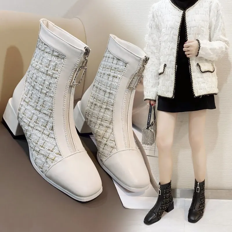 

2021 women's new front zipper short tube fashion large size fashion boots square heel leather stitching women's boots