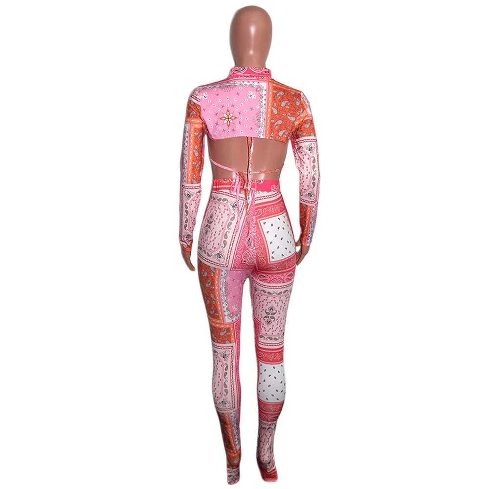 

Sexy Hollow Out Colorful Print 3 Pieces Sets Full Sleeve Crew Neck Backless Tops High Waist Bodycon Floor-Length Split Long Pant