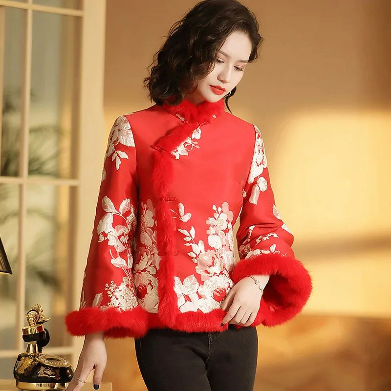 new year chinese-style dress Tang Costume collar cotton-padded jacket retro printing long-sleeved Short coat winter jackets