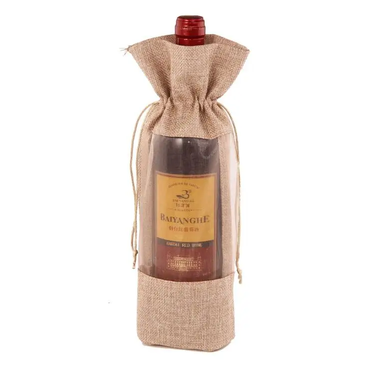 

Natural Jute Burlap Wine Bottle Bag Window Champagne Packaging Gift Bag For Guest Party Decoration 14x30cm SN3446