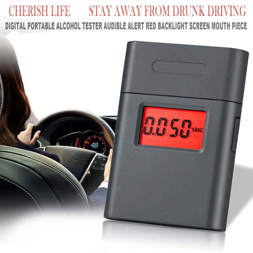 

Digital Portable Alcohol Tester Small Square Shape Audible Alert Red Backlight Screen Mouth Piece Quick Response And Resume