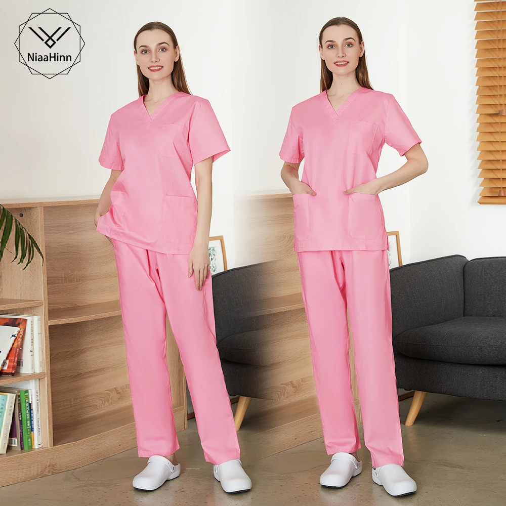 

Wholesale Nurse Uniform Women's Short Sleeve V-neck Top Work Uniform Clean Scrub Clothes Set Nurse Unisex Scrubs Pants Stretch