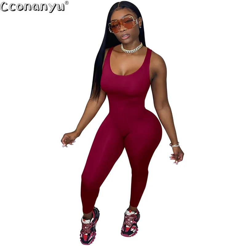 

2020 Summer Jumpsuit For Women Sexy Sleeveless Sport Solid Fitness Bodysuit Long Slim O-Neck Rompers Overalls Femme