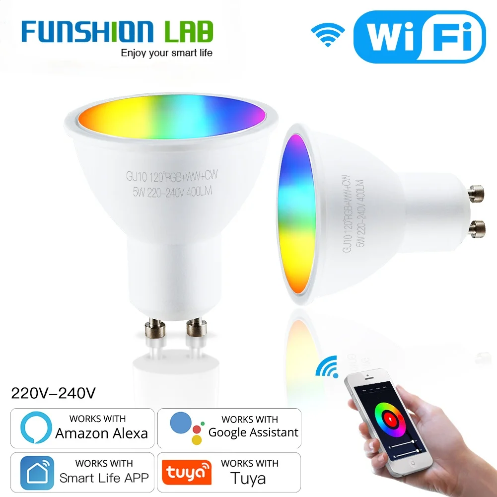 

FUNSHION GU10 WiFi умный светодиодный светильник лампы RGBCW теплый белый день светильник многоцветный дистанционный пульт Точечный светильник с Alexa ...
