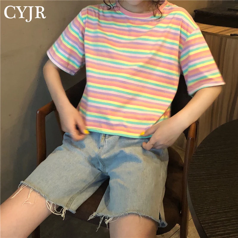 

Loose Sweet Rainbow Striped Short T-shirt Women's Tshirts Japan Kawaii Ulzzang Female Sweet Lovely Harajuku Tshirt For Women