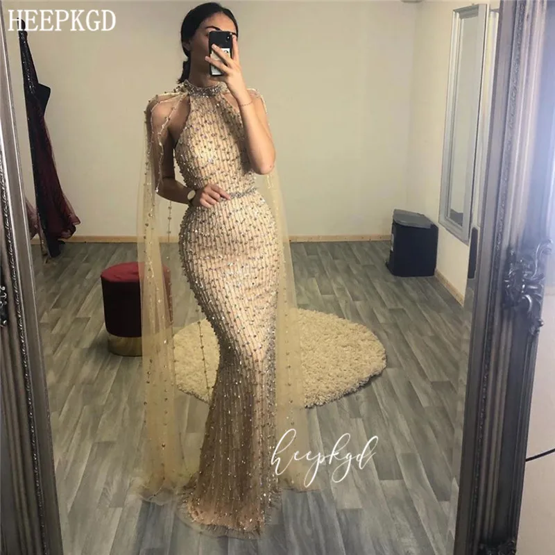 

Long Arabic Evening Dress With Cloak High Neck Mermaid Luxury Pearls Special Party Dresses For Women Custom Made Robe De Soiree