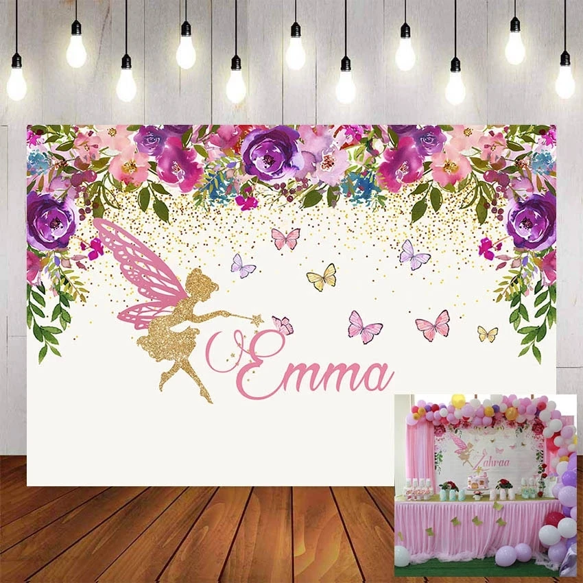

Photography Background Flowers Golden Fairy Butterfly Girls Birthday Party Photocalls Desserts Table Baby Shower Photo Backdrops
