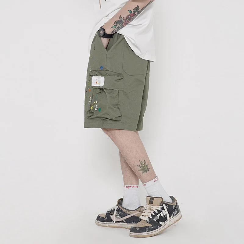 

KIOVNO Men High Street Splash Ink Shorts Loose Streetwear Cargo Shorts Male Hip Hip Multi Pockets