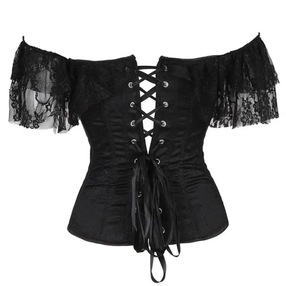 

Vintage Womens Lolita Shirt Short Sleeve Gothic Ruffle Blouse Lace Up Bandage Waist Shaper Clubwear Retro Steampunk Corset Tops