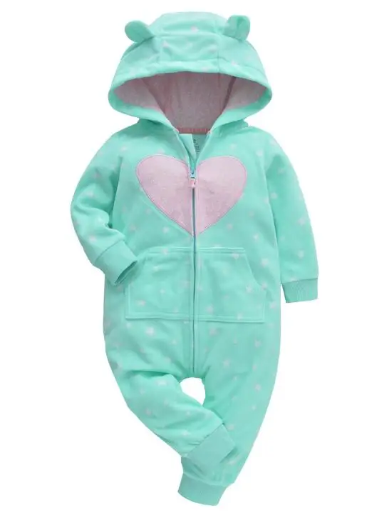 Green hearts Зимняя одежда bebes, комбинезон для девочек, пижамы для младенцев, флисовый Детский комбинезон с капюшоном, детская одежда с рисунком лисы, теплая одежда для маленьких мальчиков - Цвет: Green hearts