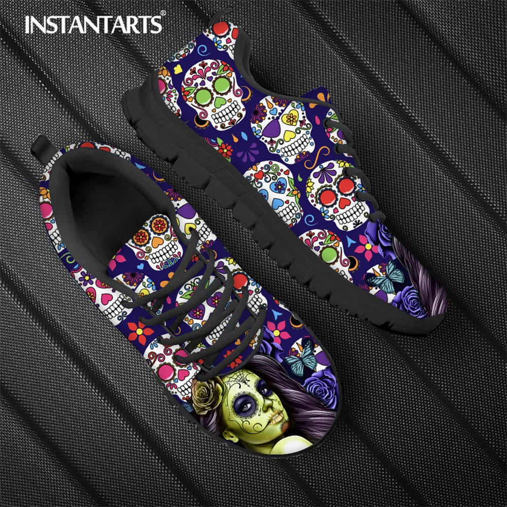 

INSTANTARTS Autumn Warm Lace up Flat Shoes for Women Skeleton Skull Face With Sugar Skull Prints Ladies Casual Sneaker Loafers