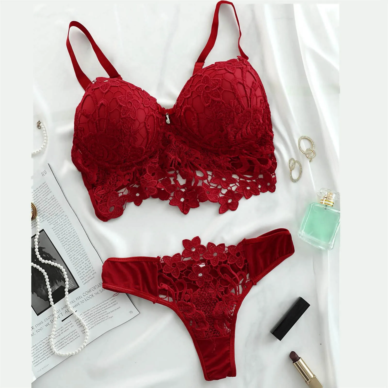 

Sexy Women Embroidery Lace Collar Wireless Bra Sexy Lingerie Thong Set Underwear Plus Size Eortic Sleepwear Nightwear Costumes