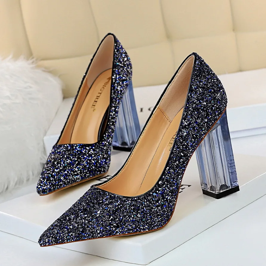 European and American fashion transparent crystal thick high-heeled shallow mouth pointy sexy nightclub sparkling sequined shoes