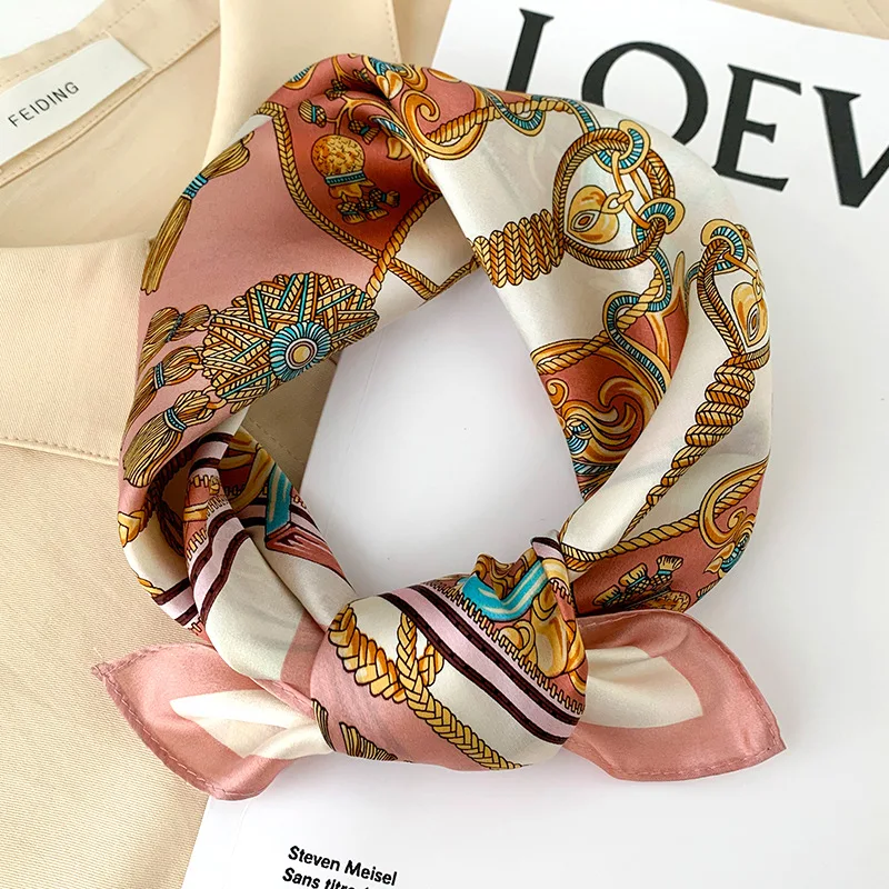 

2022 Luxury Chain Print 100% Real Silk Square Scarf Women Neckerchief Female Shawl Hijab Poncho Bandana Cute Designer Headband
