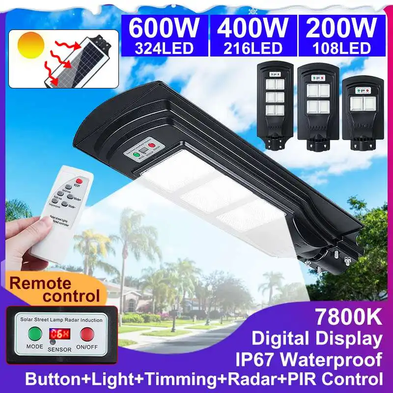

IP67 200/400/600W 108/216/324 LED Remote Control Digital Display Solar Light PIR Motion Sensor Outdoor Wall Street Lamp Lights