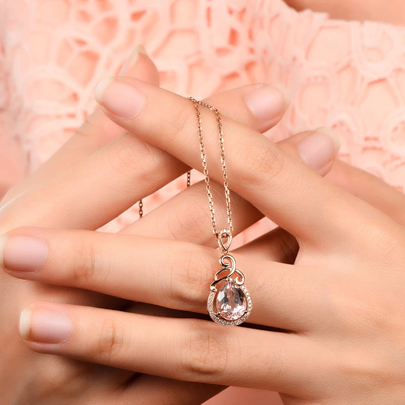 

14k Rose Gold Color Natural Morganite Gemstone Pendant Necklace For Women Water Drop Zircon Diamond Charm Pendant Fine Jewelry
