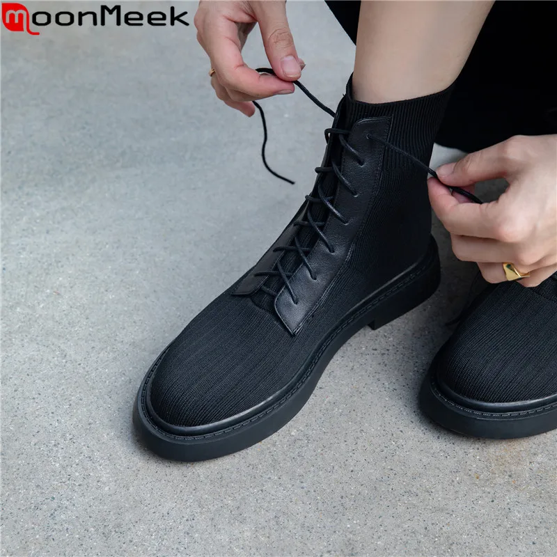 MoonMeek/размеры 34-40 ботинки из вязаной шерсти и коровьей кожи женские ботильоны на