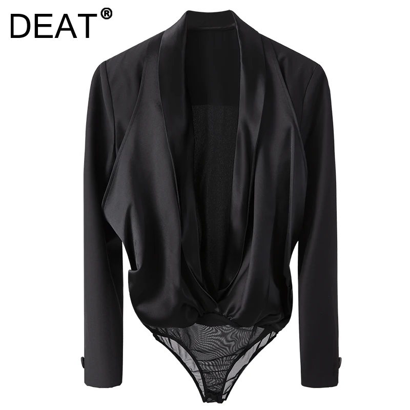 

DEAT 2021 New Women Fashion Slim Fit Black V-neck Long-sleeved Gauze Folds Patchwork Chiffon Top Summer And Autumn 7E2523