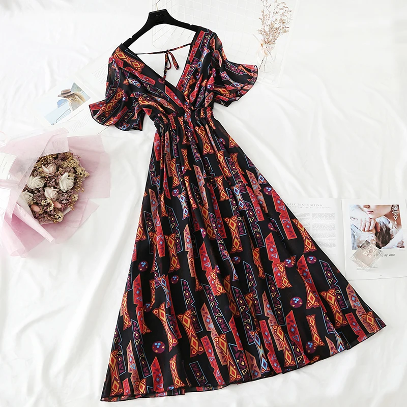 

2020 Summer Women Ruffled Short-sleeved Chiffon Dress V-neck High Waist Floral Print Beach Midi Dresses Backless Sexy Vestidos