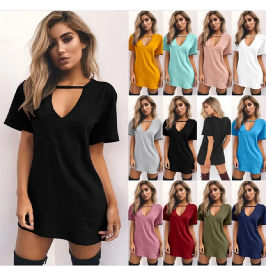 

2020 Summer Women's Solid V-neck Hollowed Out Loose Short Sleeve T-shirt Dress