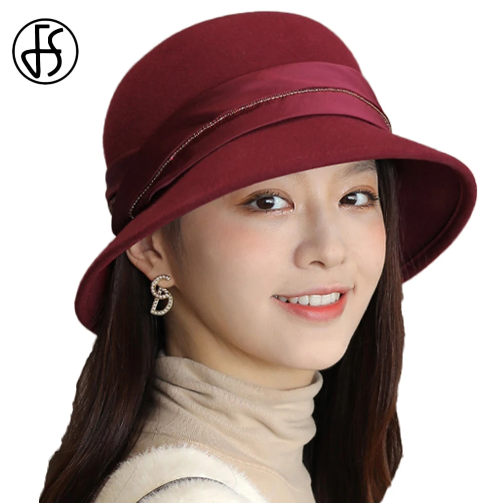 

Женская фетровая шляпа-«Колокол» FS, шляпа из 100% шерсти в английском стиле, с лентой и бисером, зимняя,