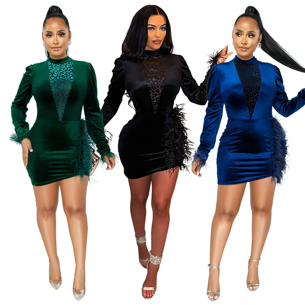 Skmy moda sexy manga longa penas retalhos cintura alta vestido de veludo roupas de inverno das mulheres 2021 nova festa bodycon mini vestido (0)