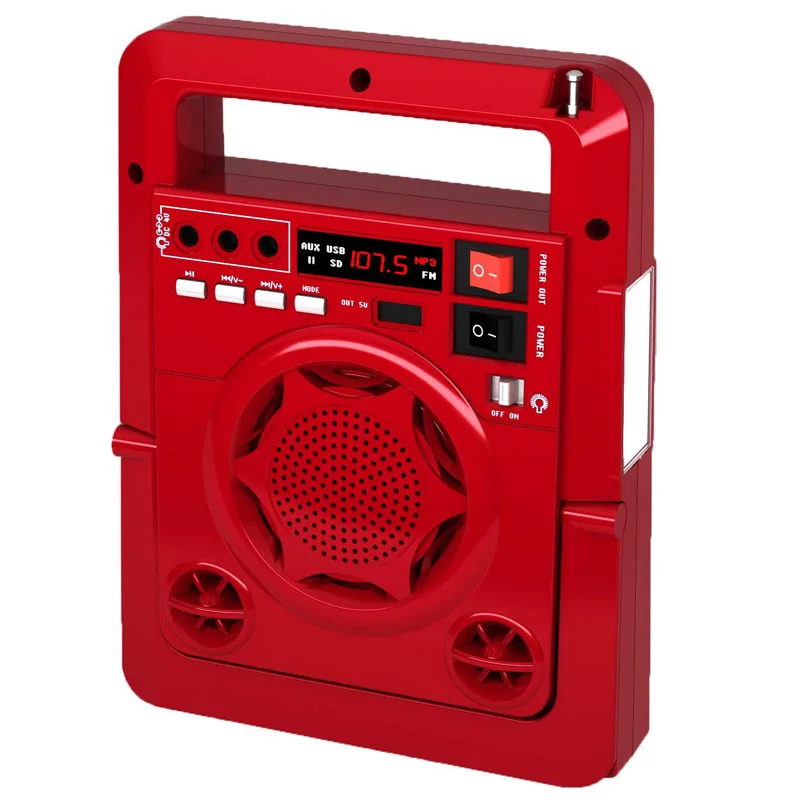 Red Зарядное устройство на солнечной энергии, FM радио, TF, USB динамик, внешний аккумулятор, мощный светодиодный фонарик с европейской вилкой - Цвет: Red