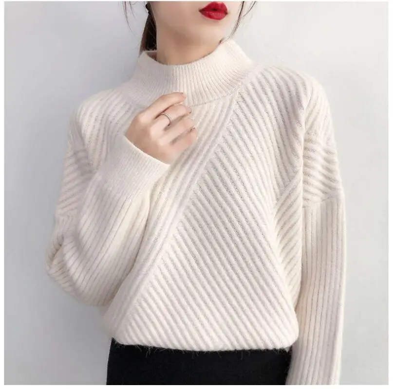 

New Autumn Winter Thick Pullover Sweater Women Half High Neck Sweater Loose Solid Diagonal Stripe Basic Knit Jumpers Top