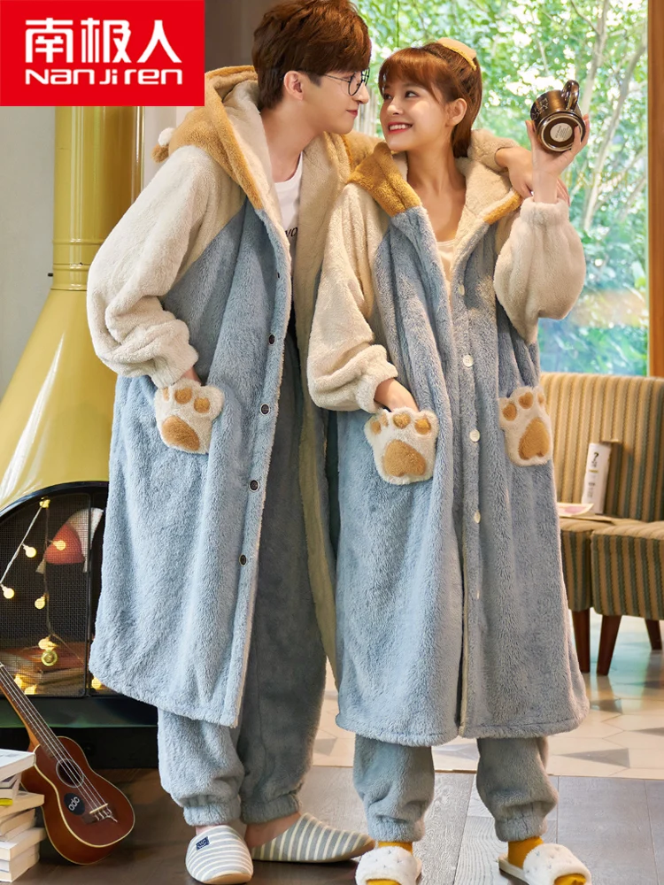 Nanjiren Couple Pajamas Autumn and Winter Coral Fleece Men and Women Thickened Fleece Lined Long Nightgown Flannel Warm Suit