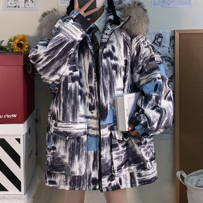Куртка-пуховик с абстрактным принтом для пары зимняя стеганая одежда